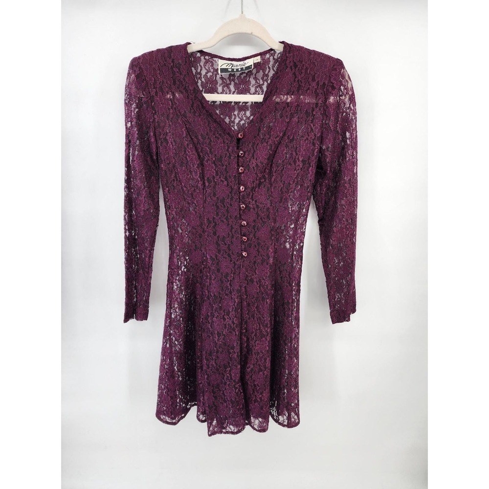 Marnie‎ West Vintage 90s Purple Floral Lace Corset Back Mini Dress Size 4 sheer